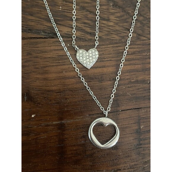 Fossil Silver Share Love Double Layer Open Gem heart Necklace Jewelry PERFECT - Picture 3 of 5